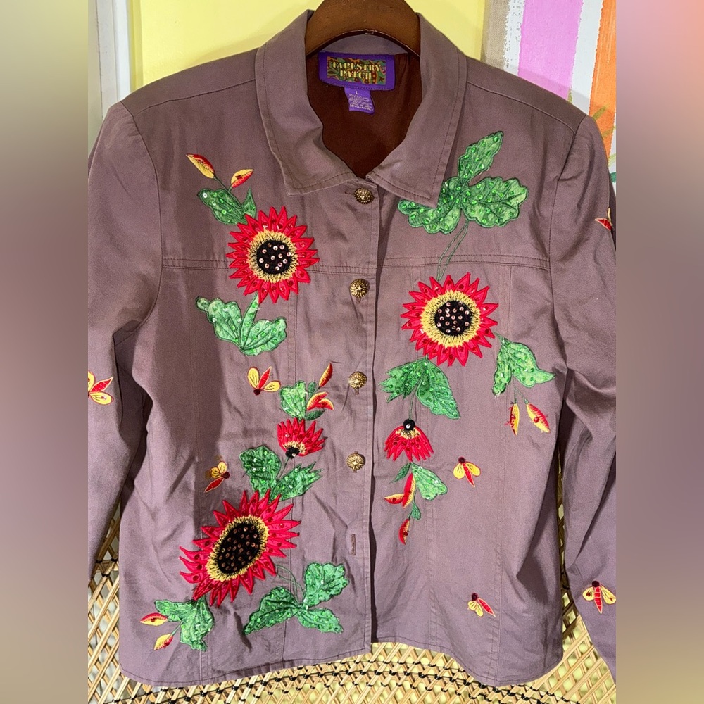 Tapestry Patch Sequin Embroidered Sunflower Jacket Bees Art to Wear Size L - Picture 2 of 10